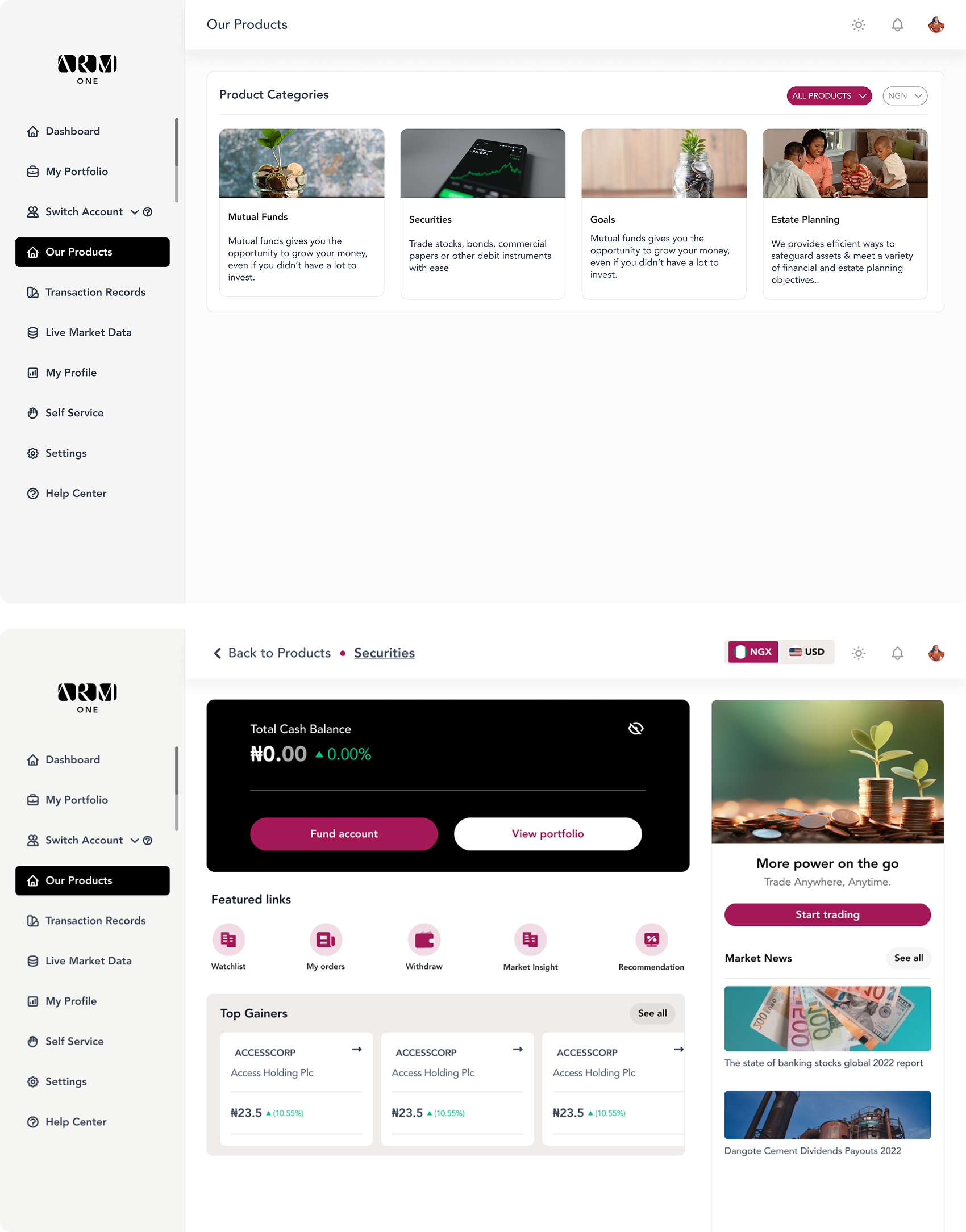 ARM ONE product discovery and browsing screens